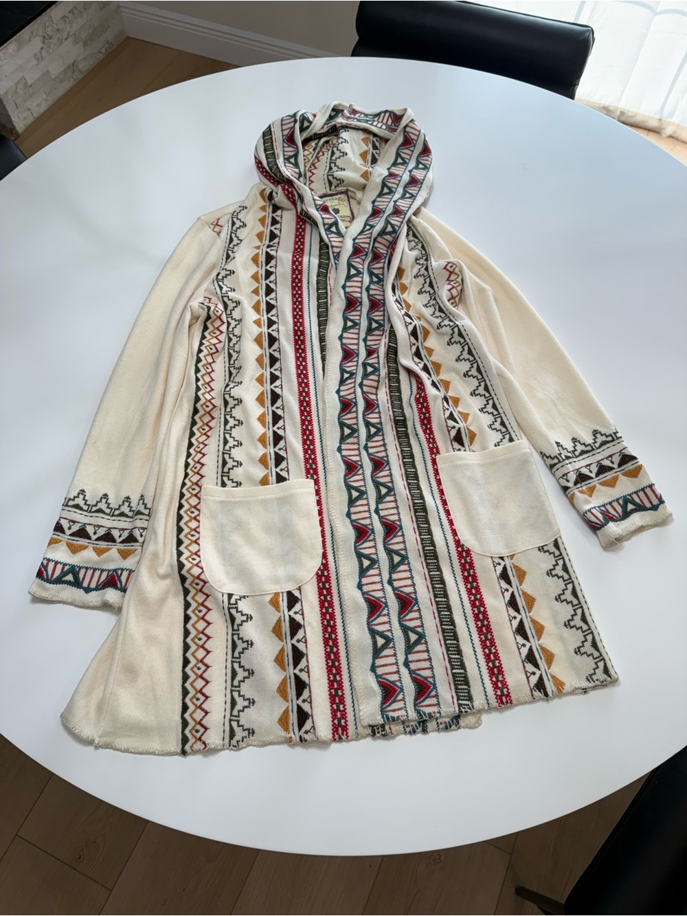 paparazzi Cream Hooded Aztec-Trim Cardigan with Multicolor Accents Size Large - Picture 2 of 7